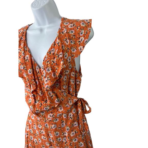 SANCTUARY Orange Side Tie Cap Sleeve V Neck Above The Knee Wrap Dress Medium - Picture 3 of 9